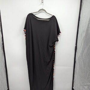 Women’s long black maxi,‎ cover-up dress with multicolor pom-poms size large